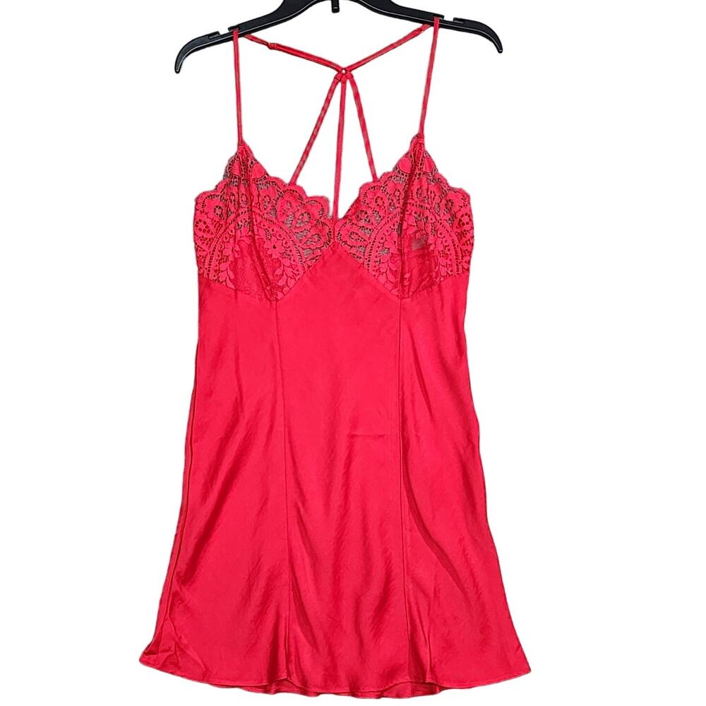 Jezebel Rita Chemise Red‎ Satin with Sheer Lace Detail Nightgown Pajamas Medium